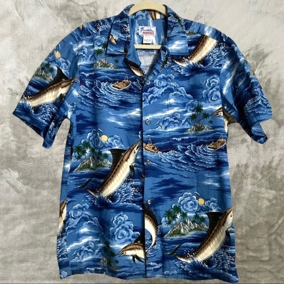 Vintage Hawaii Brand Sword Fish Print 100% Cotton Short Sleeve Button Down Large - Picture 1 of 5